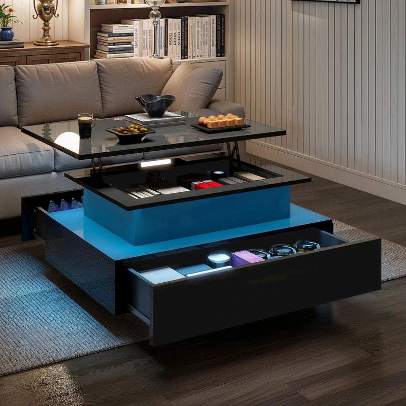 Table Basse Relevable Rectangulaire en Bois avec Éclairage LED - Design Moderne Ferko
