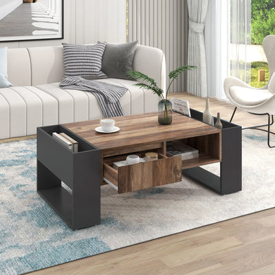 Table Basse en Bois Rectangulaire Design avec Tiroir et Rangements - Style Contemporain Trava