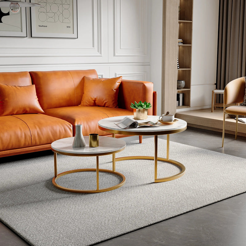 Table Basse Gigogne Ronde Effet Marbre et Doré - Aurel