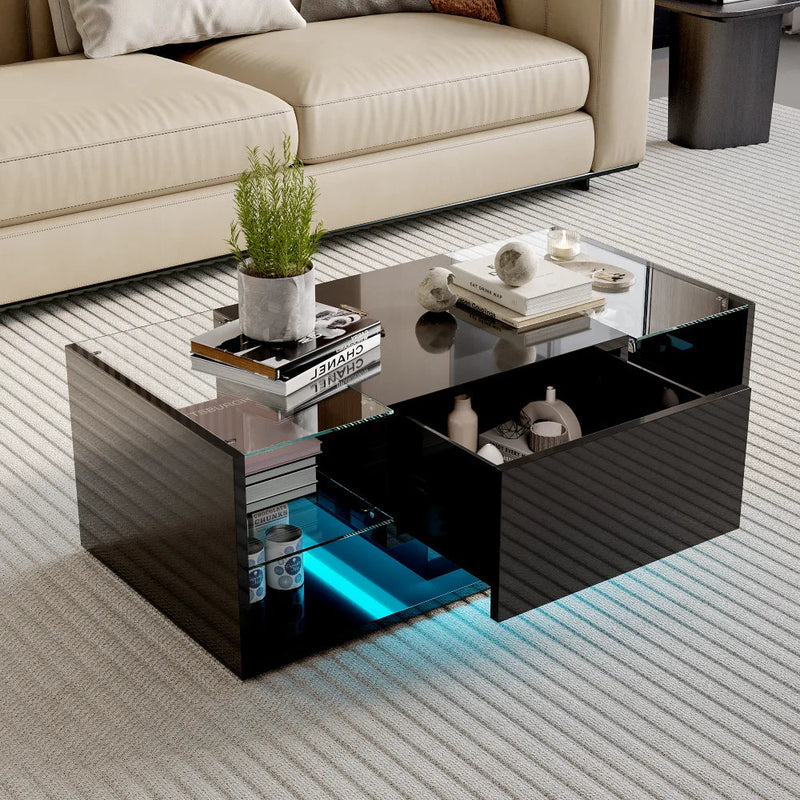 Table Basse Noire avec Étagères en Verre et Éclairage LED - Design Moderne Skarn