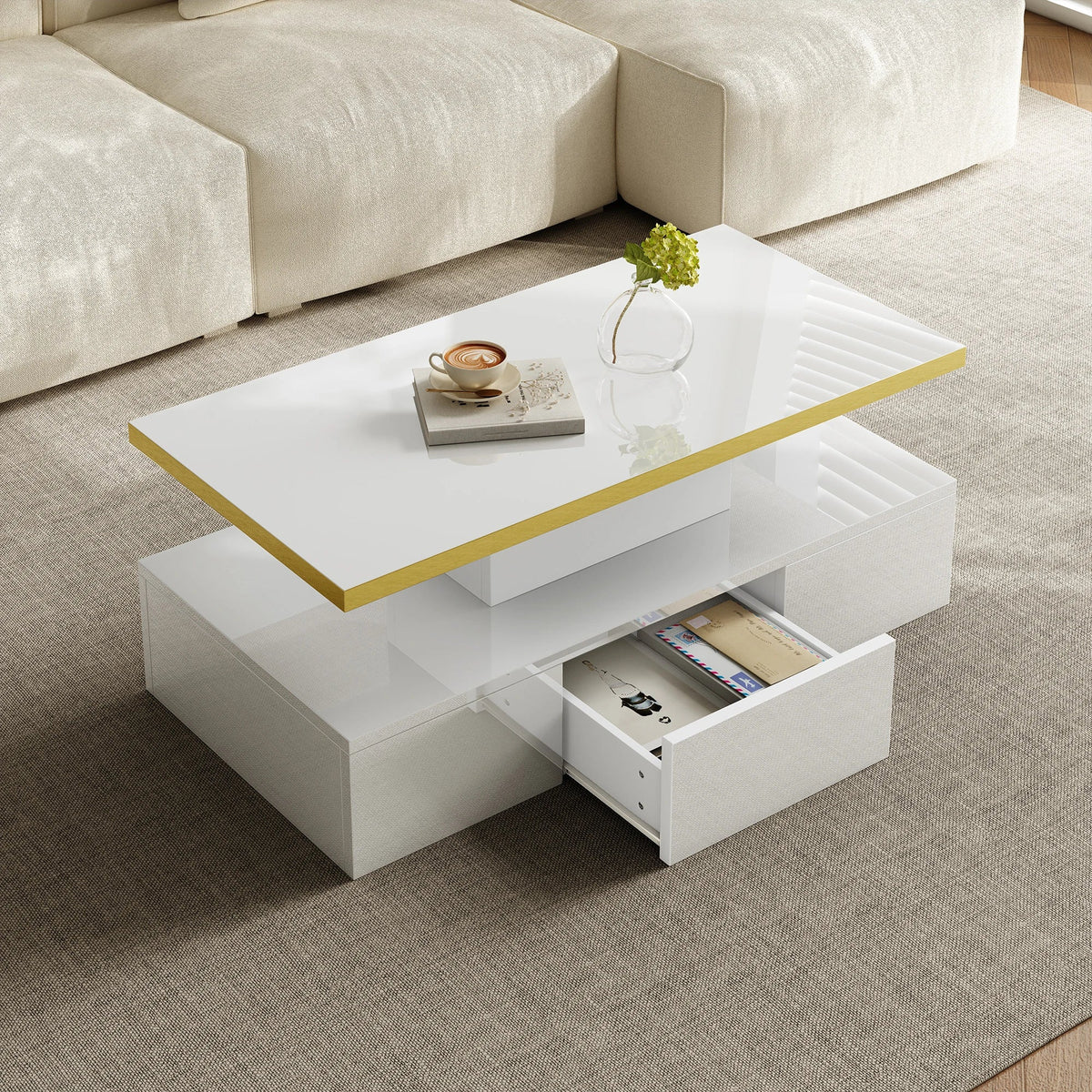 Table Basse à 2 Niveaux avec Tiroir et LED - Design Moderne Vaska