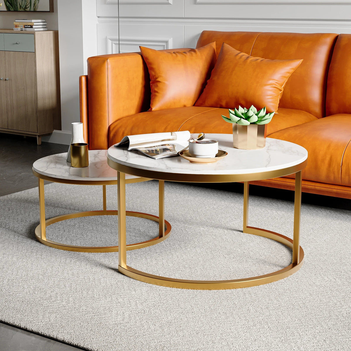 Table Basse Gigogne Ronde Effet Marbre et Doré - Aurel