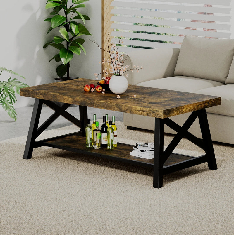 Table Basse Rectangulaire Bois et Métal avec Rangement - Design Vintage Torvi
