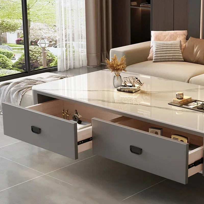 Table Basse Design Effet Marbre avec Rangements - Style Contemporain Solvia