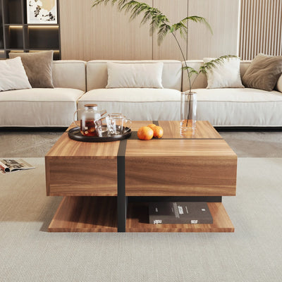 Table Basse Bois Carrée et Noir 2 Tiroir Onyx