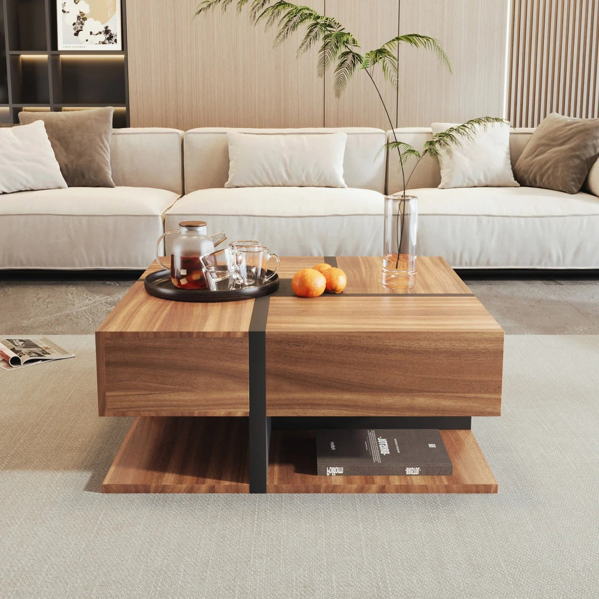 Table Basse Bois Carrée et Noir 2 Tiroir Onyx