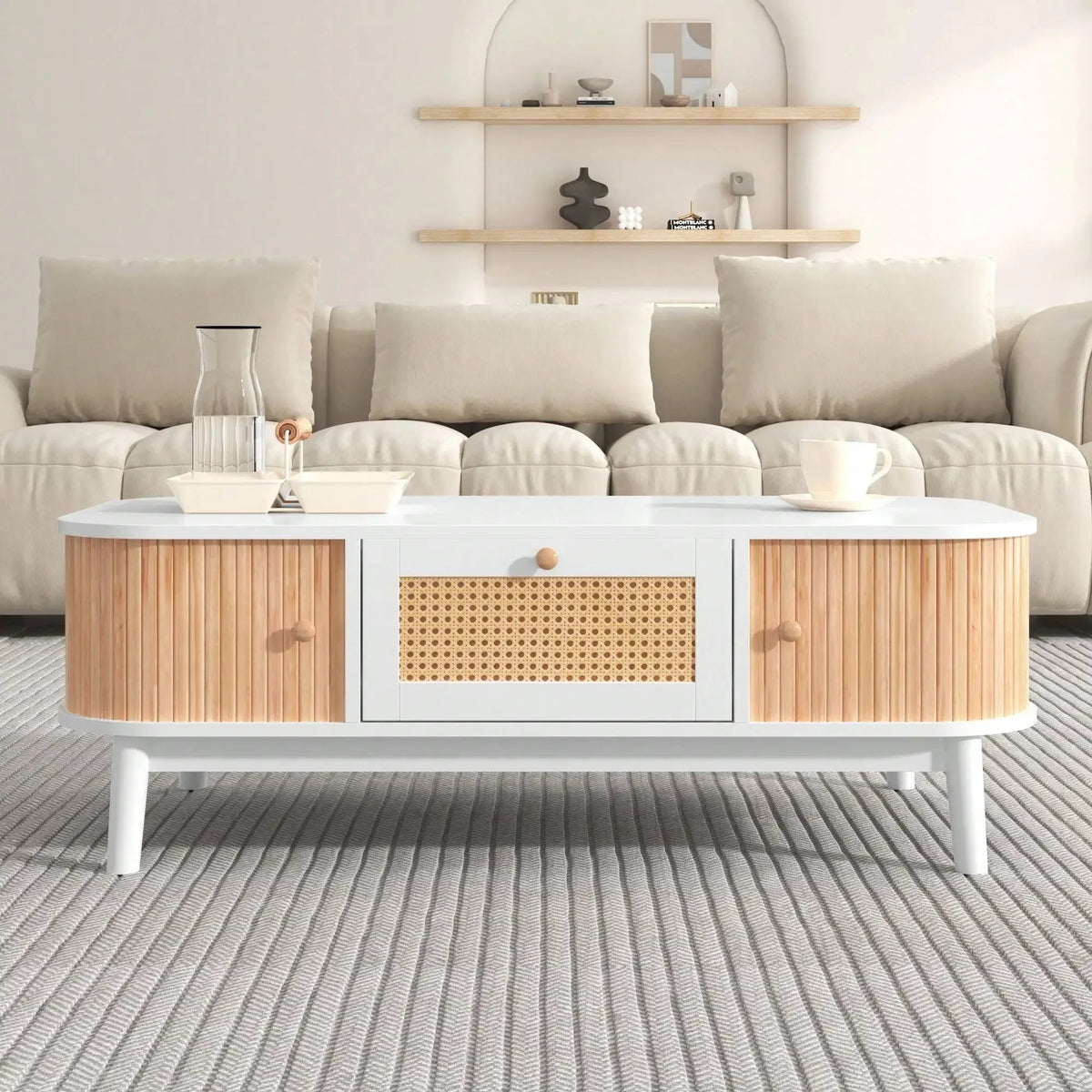 Table Basse en Bois et Rotin avec Rangements - Ravik