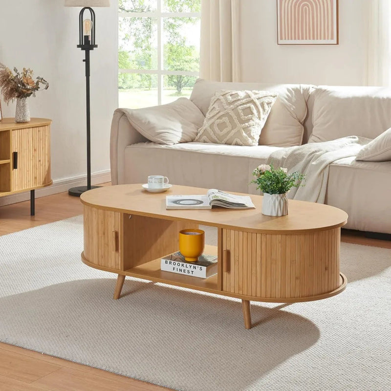 Table Basse Ovale Bois avec Rangement - Design Scandinave Odéa