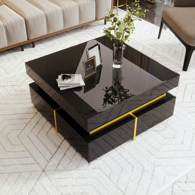 Table Basse Carrée Noire et Dorée avec Rangements - Style Design Nyra