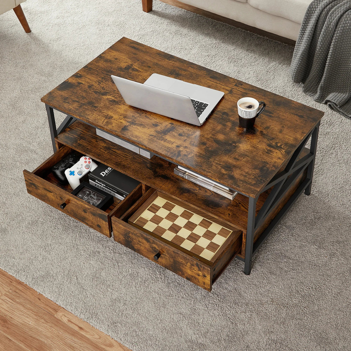 Table Basse Bois Rectangulaire avec Rangement - Design Campagne Tolby
