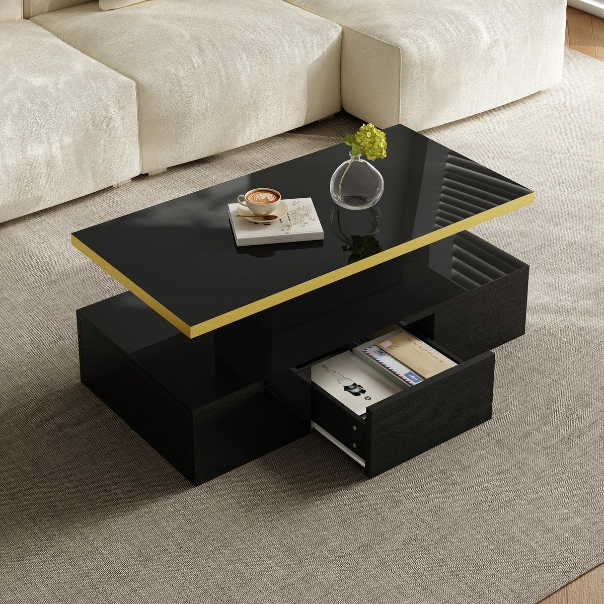 Table Basse à 2 Niveaux avec Tiroir et LED - Design Moderne Vaska