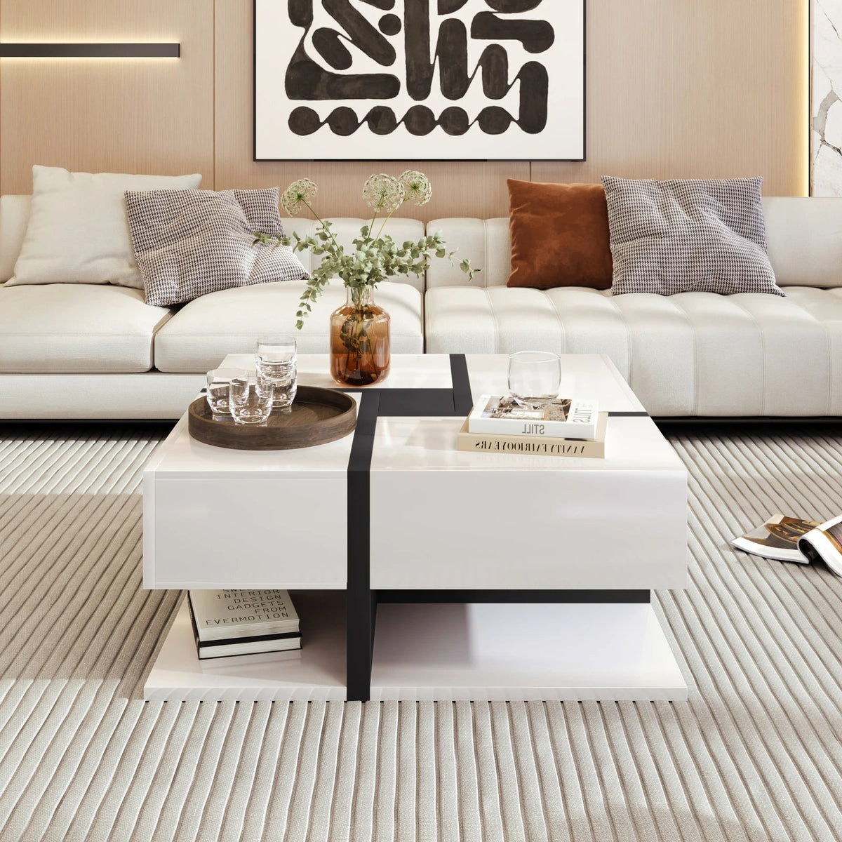 Table Basse Carrée Noire et Blanche avec Rangements - Moderne Trixel