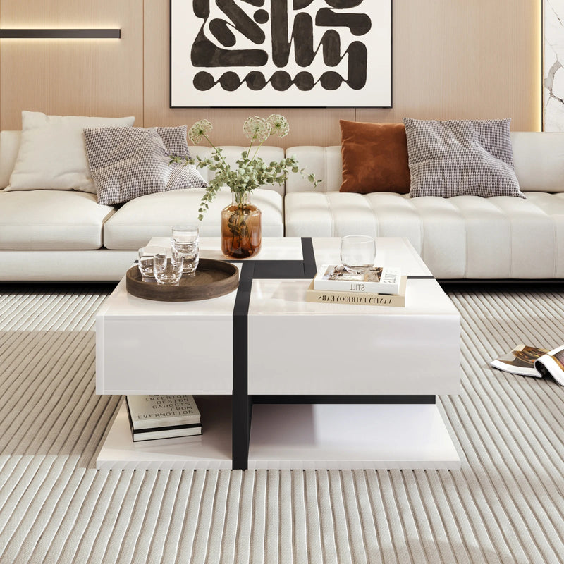 Table Basse Carrée Noire et Blanche avec Rangements - Moderne Trixel