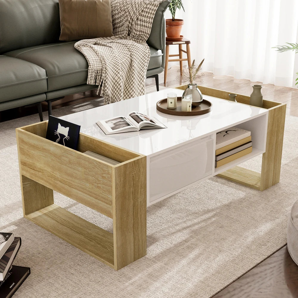 Table Basse Rectangulaire Blanche et Bois avec Rangement - Style Moderne Elira