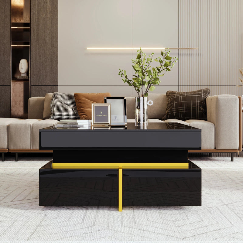Table Basse Carrée Noire et Dorée avec Rangements - Style Design Nyra