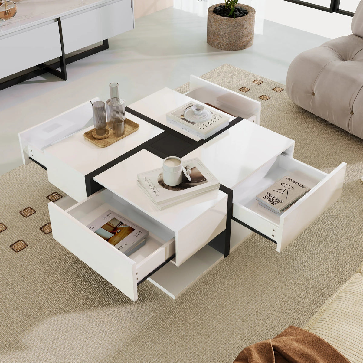 Table Basse Carrée Noire et Blanche avec Rangements - Moderne Trixel