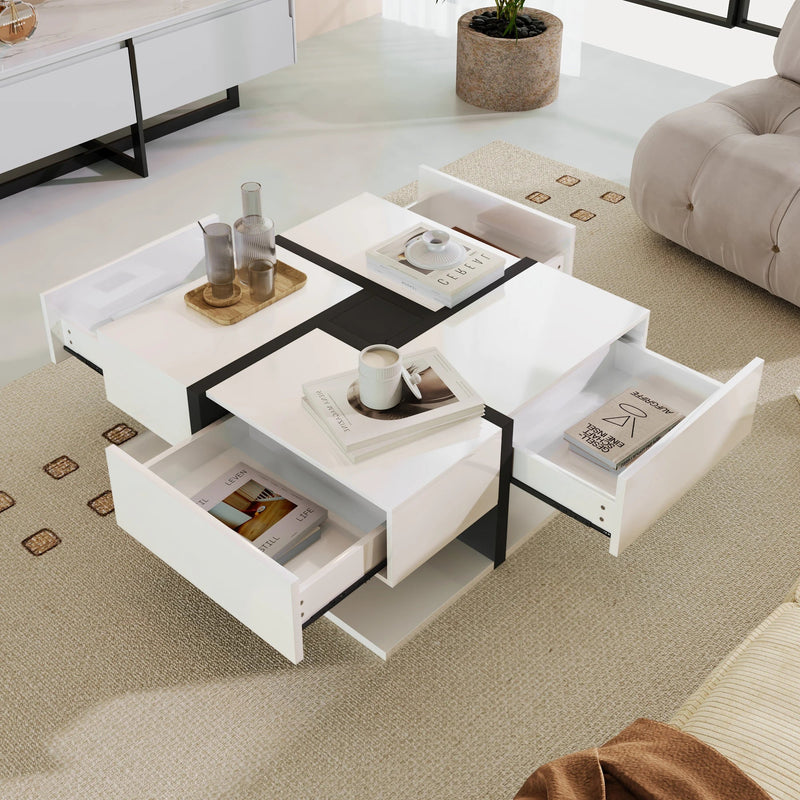 Table Basse Carrée Noire et Blanche avec Rangements - Moderne Trixel