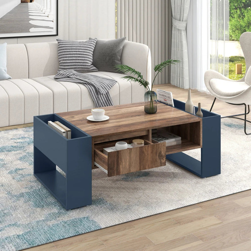 Table Basse Bois et Bleu Profond avec Rangement - Design Moderne Azuro