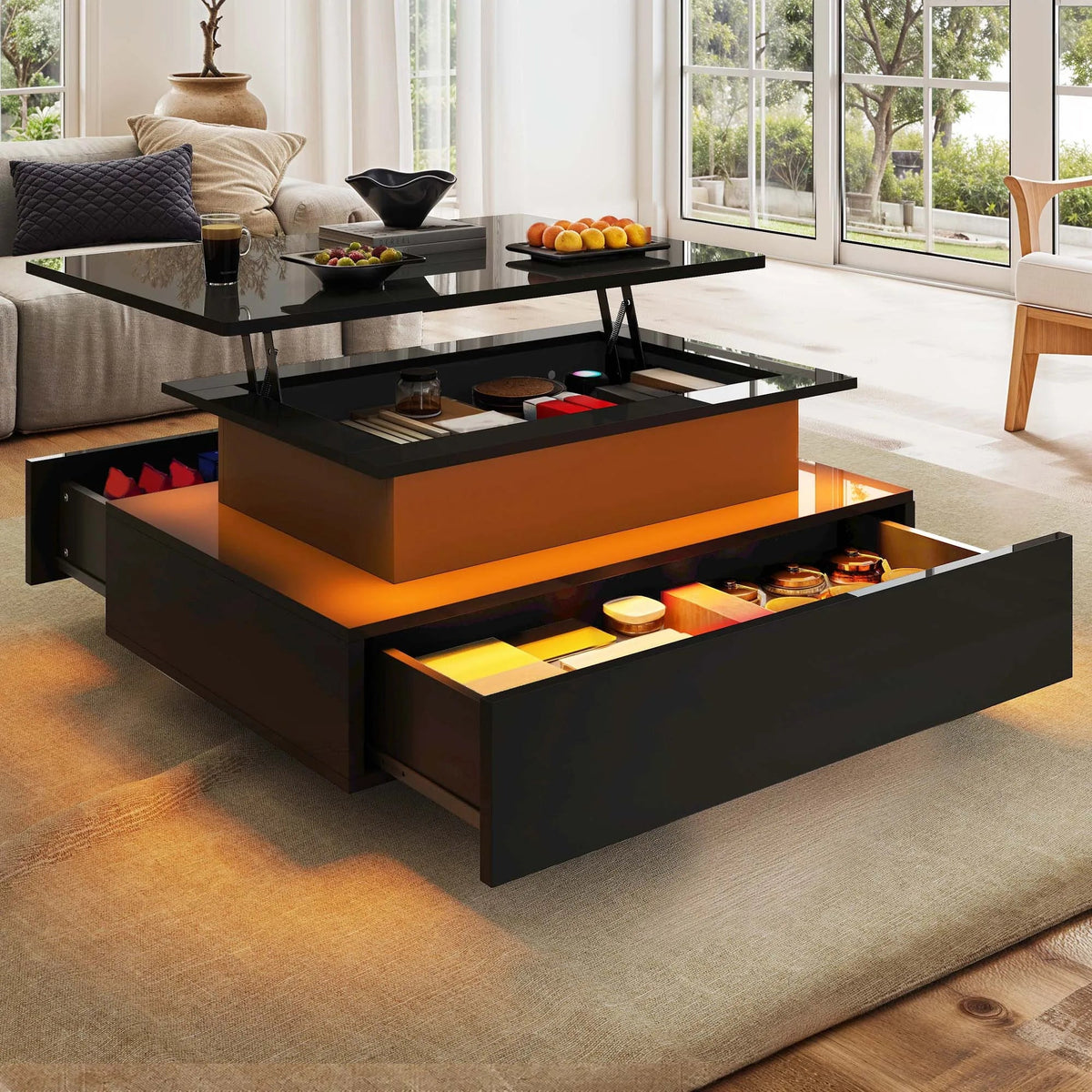 Table Basse Relevable Rectangulaire en Bois avec Éclairage LED - Design Moderne Ferko