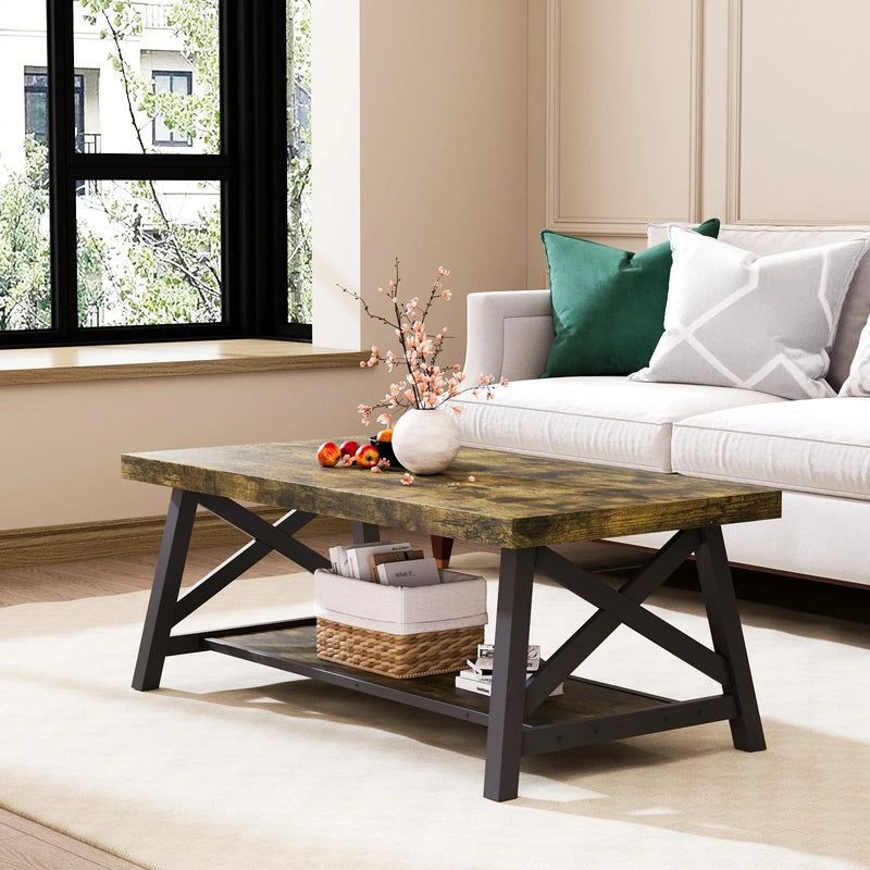 Table Basse Rectangulaire Bois et Métal avec Rangement - Design Vintage Torvi