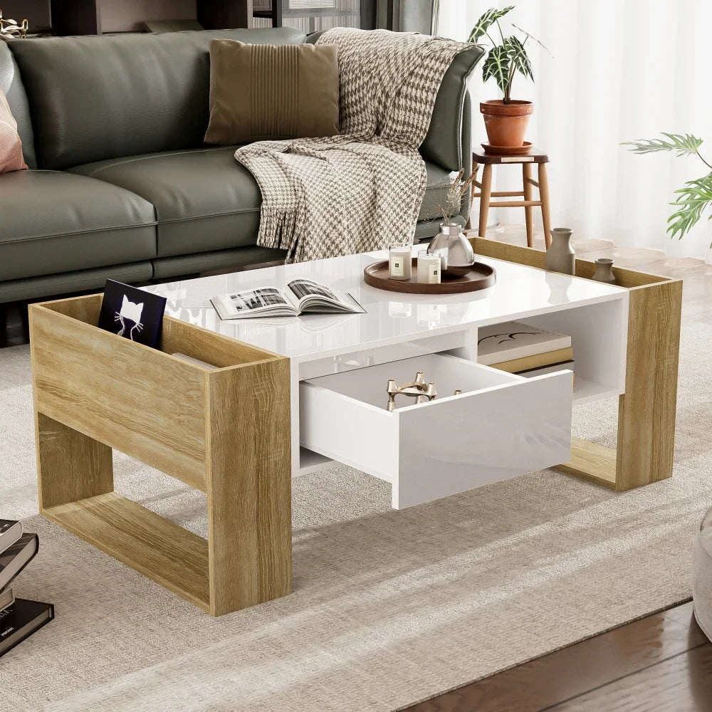 Table Basse Rectangulaire Blanche et Bois avec Rangement - Style Moderne Elira