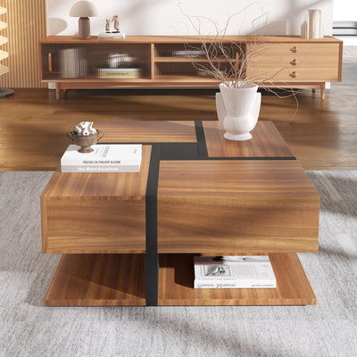 Table Basse Bois Carrée et Noir 2 Tiroir Onyx