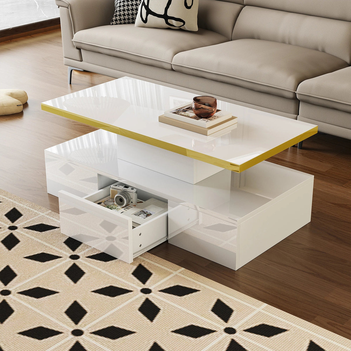 Table Basse à 2 Niveaux avec Tiroir et LED - Design Moderne Vaska
