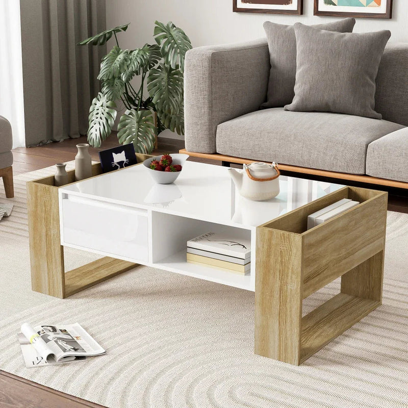 Table Basse Rectangulaire Blanche et Bois avec Rangement - Style Moderne Elira
