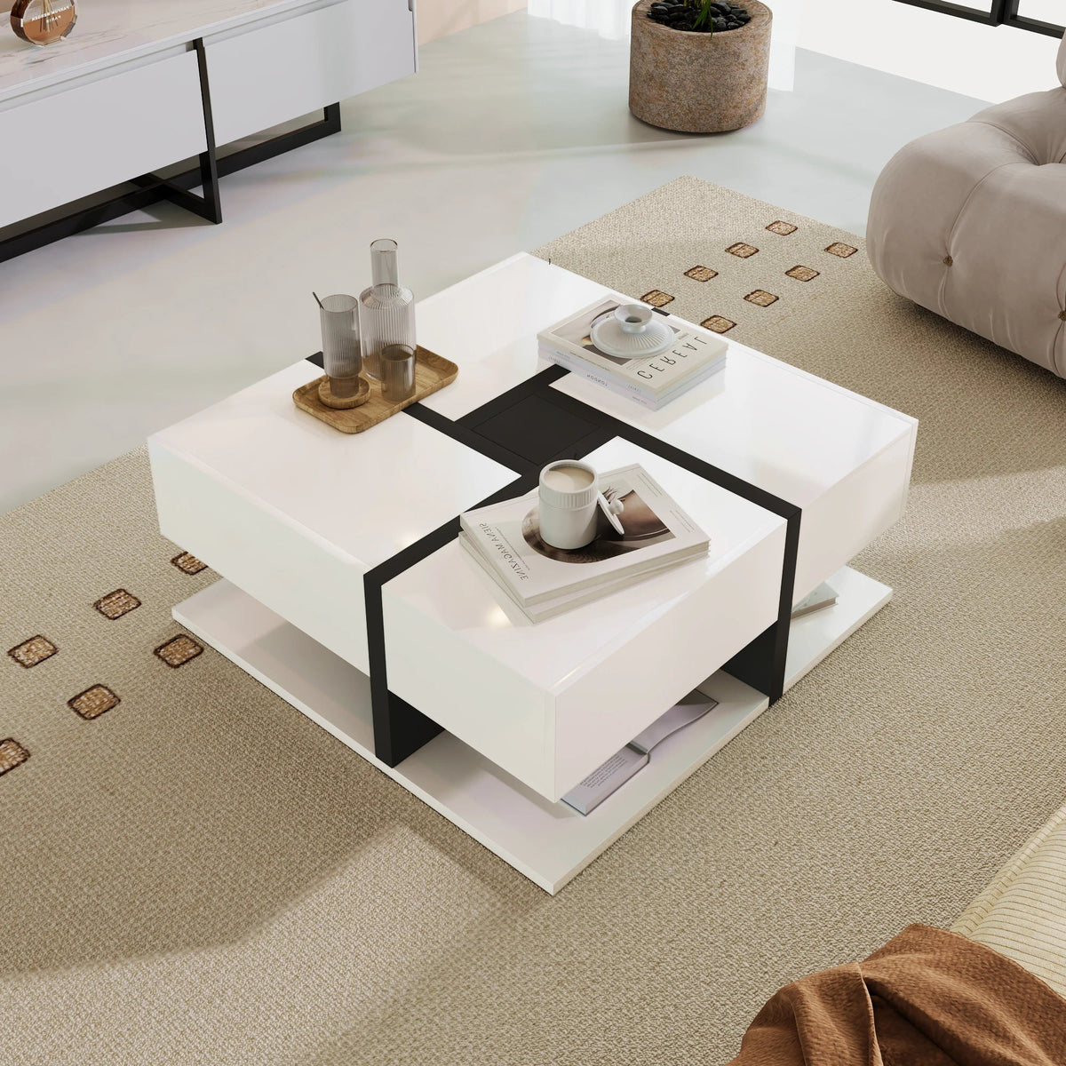 Table Basse Carrée Noire et Blanche avec Rangements - Moderne Trixel