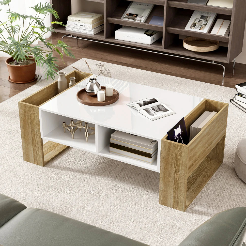 Table Basse Rectangulaire Blanche et Bois avec Rangement - Style Moderne Elira