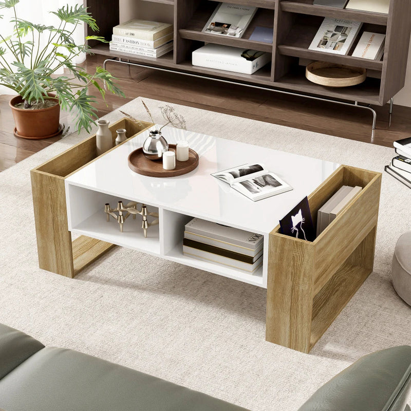 Table Basse Rectangulaire Blanche et Bois avec Rangement - Style Moderne Elira