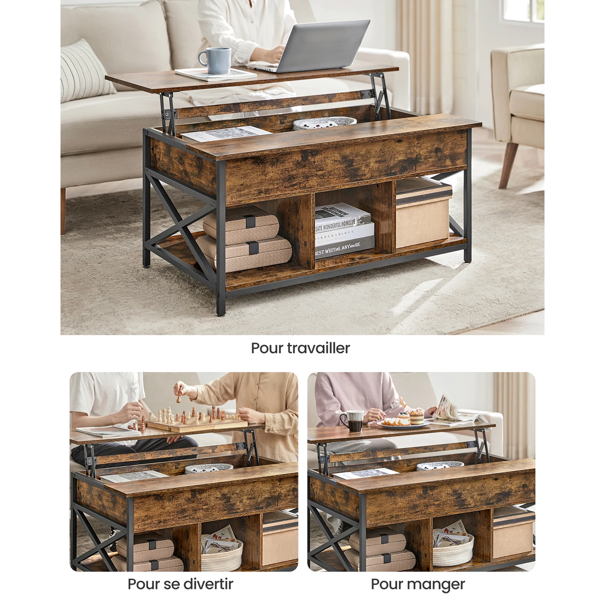 Table Basse Relevable Bois et Métal avec Rangement - Design Moderne Torvik