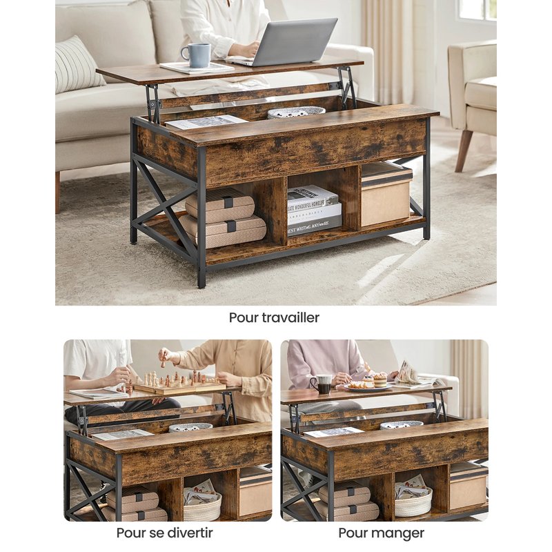Table Basse Relevable Bois et Métal avec Rangement - Design Moderne Torvik