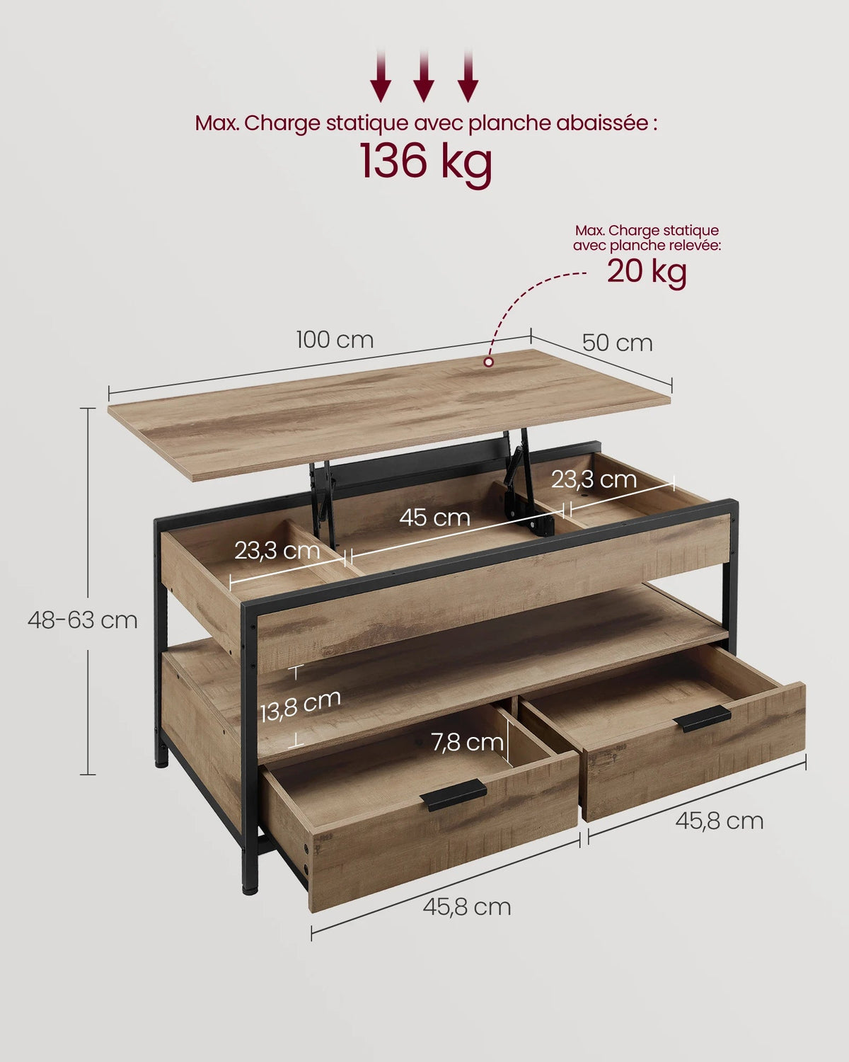 Table Basse Relevable Industrielle avec Rangement - Design Industriel Kravo