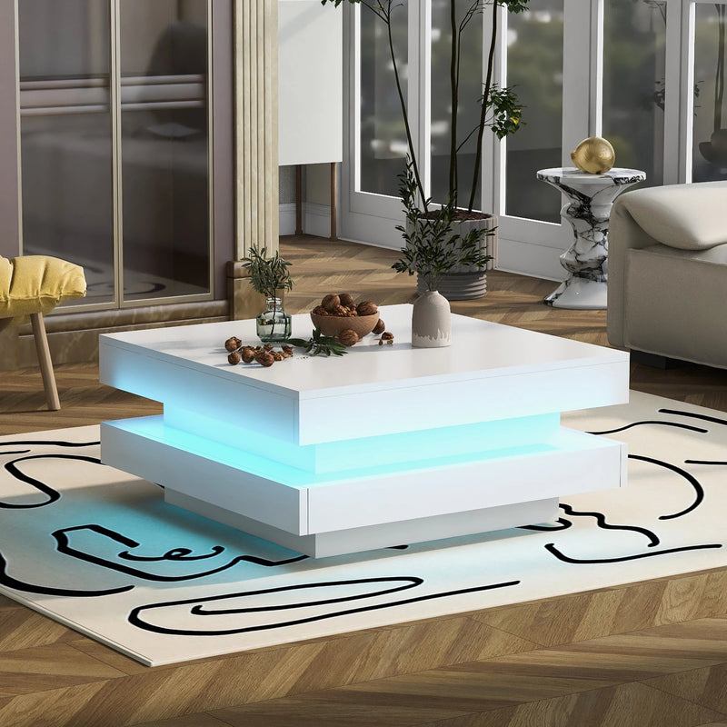 Table Basse Carrée Blanche avec Plateau Pivotant LED - Design Moderne Zelko