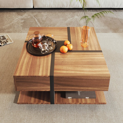 Table Basse Bois Carrée et Noir 2 Tiroir Onyx
