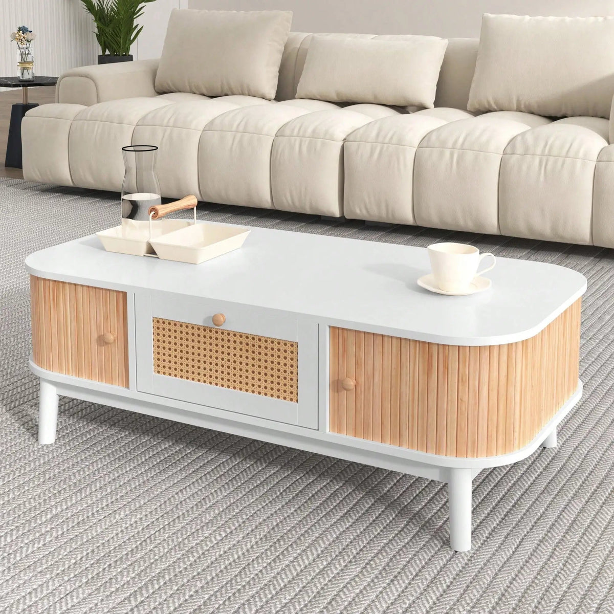 Table Basse en Bois et Rotin avec Rangements - Ravik