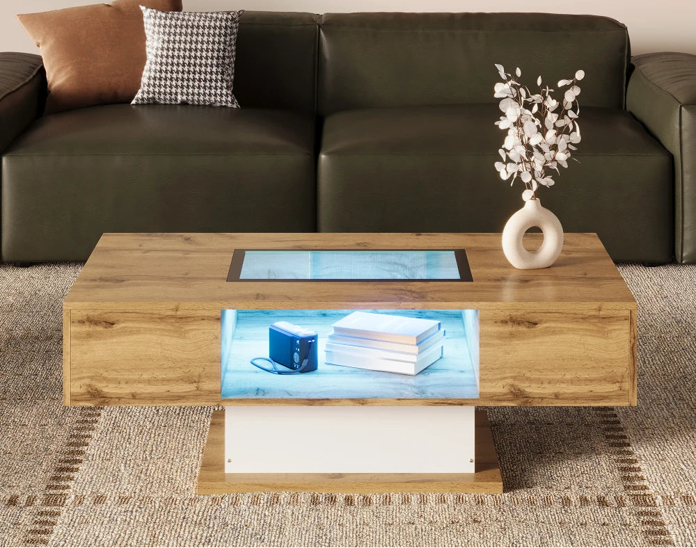 Table Basse Bois et Verre avec LED et Rangements - Design Moderne Ravel