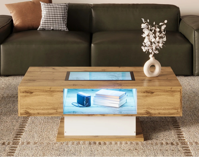 Table Basse Bois et Verre avec LED et Rangements - Design Moderne Ravel