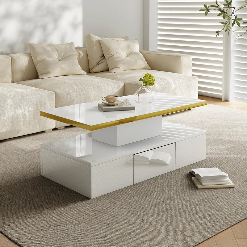 Table Basse à 2 Niveaux avec Tiroir et LED - Design Moderne Vaska