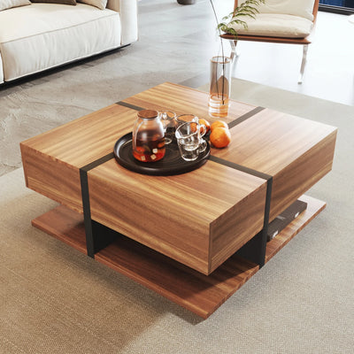 Table Basse Bois Carrée et Noir 2 Tiroir Onyx