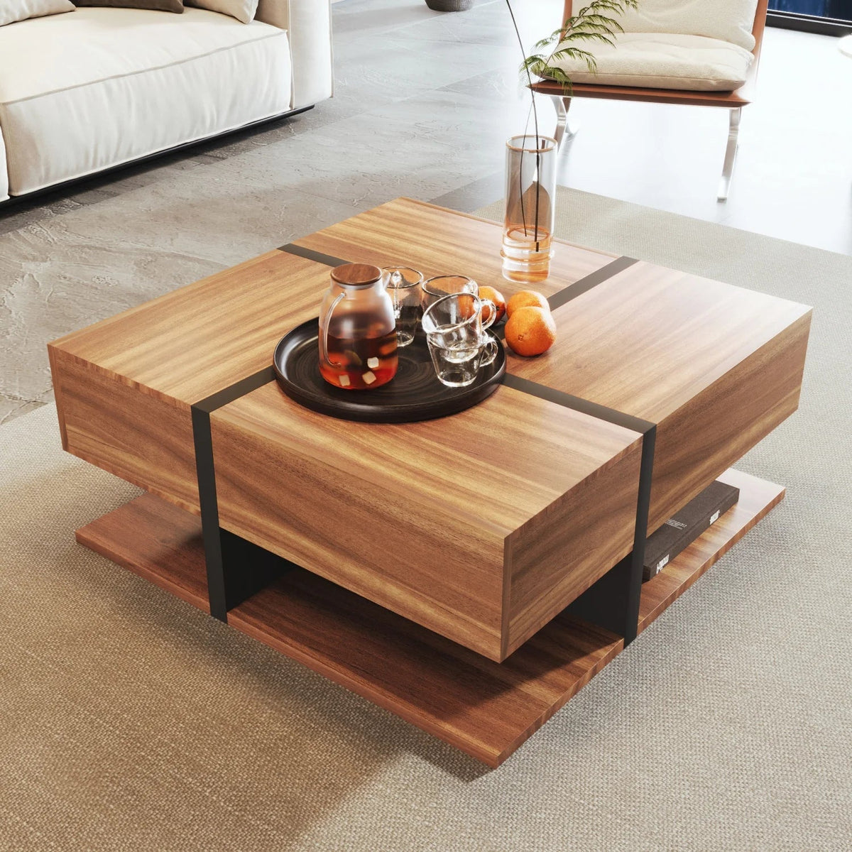 Table Basse Bois Carrée et Noir 2 Tiroir Onyx
