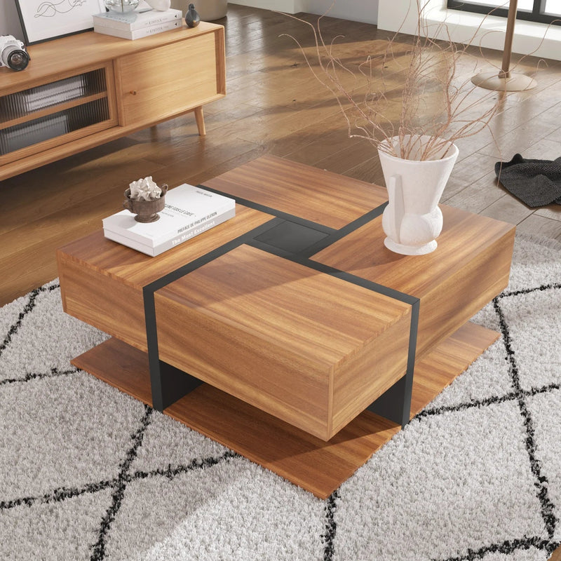 Table Basse Bois Carrée et Noir 2 Tiroir Onyx