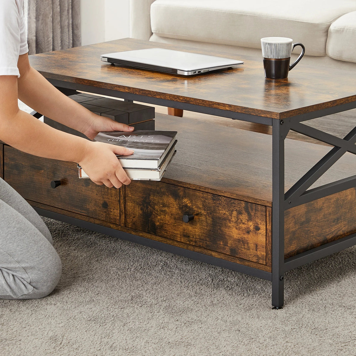 Table Basse Bois Rectangulaire avec Rangement - Design Campagne Tolby