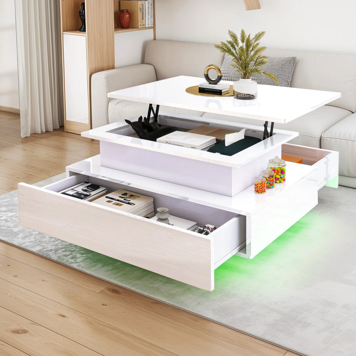 Table Basse Relevable avec LED et Tiroirs - Design Moderne Halvin
