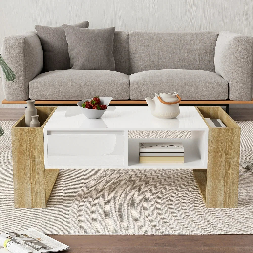 Table Basse Rectangulaire Blanche et Bois avec Rangement - Style Moderne Elira
