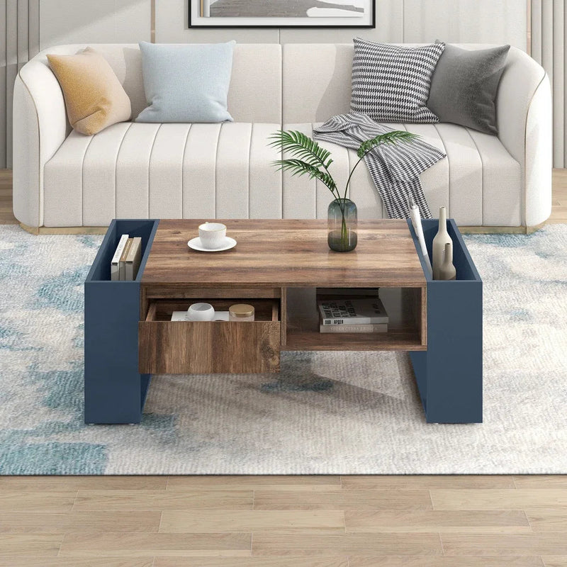 Table Basse Bois et Bleu Profond avec Rangement - Design Moderne Azuro