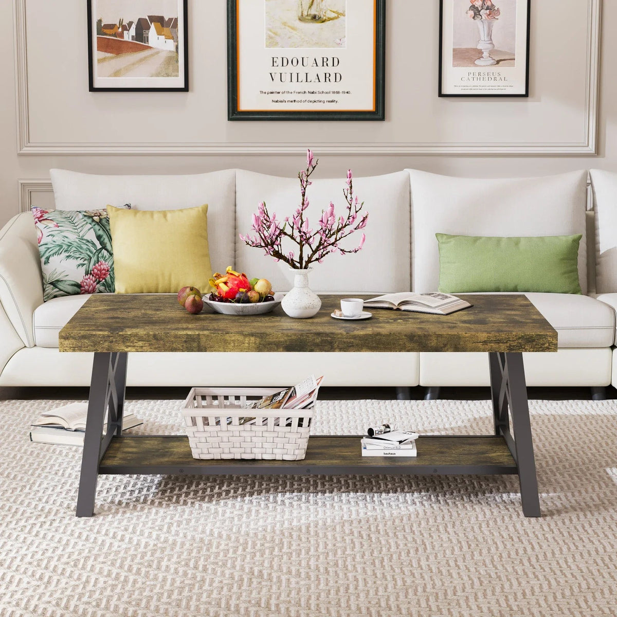 Table Basse Rectangulaire Bois et Métal avec Rangement - Design Vintage Torvi