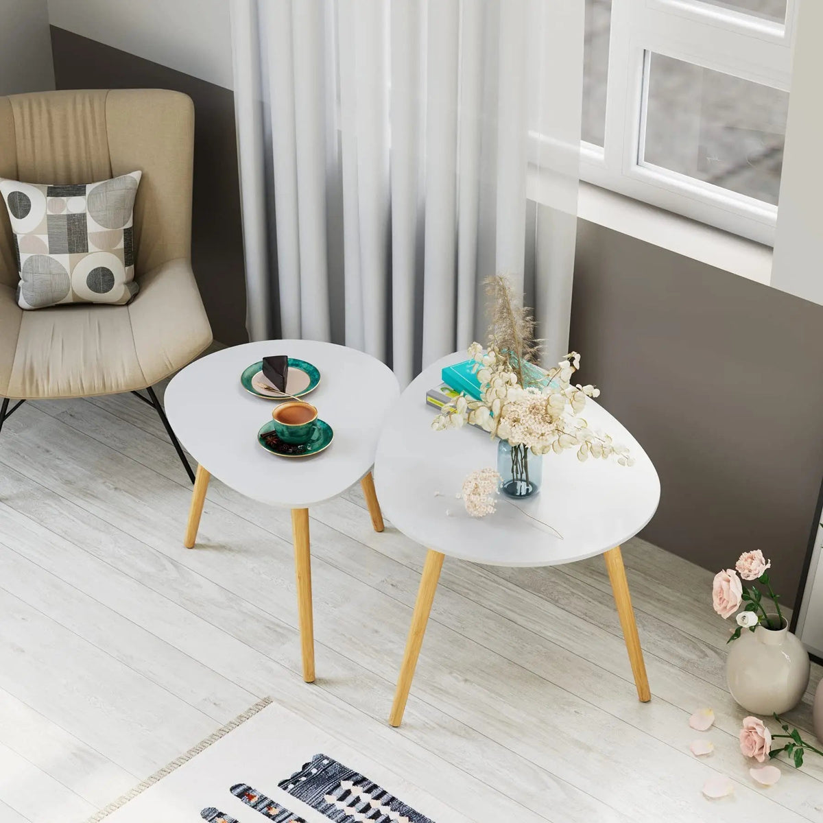 Table Basse Gigogne Ovale Blanche et Bois - Design Scandinave Ombra