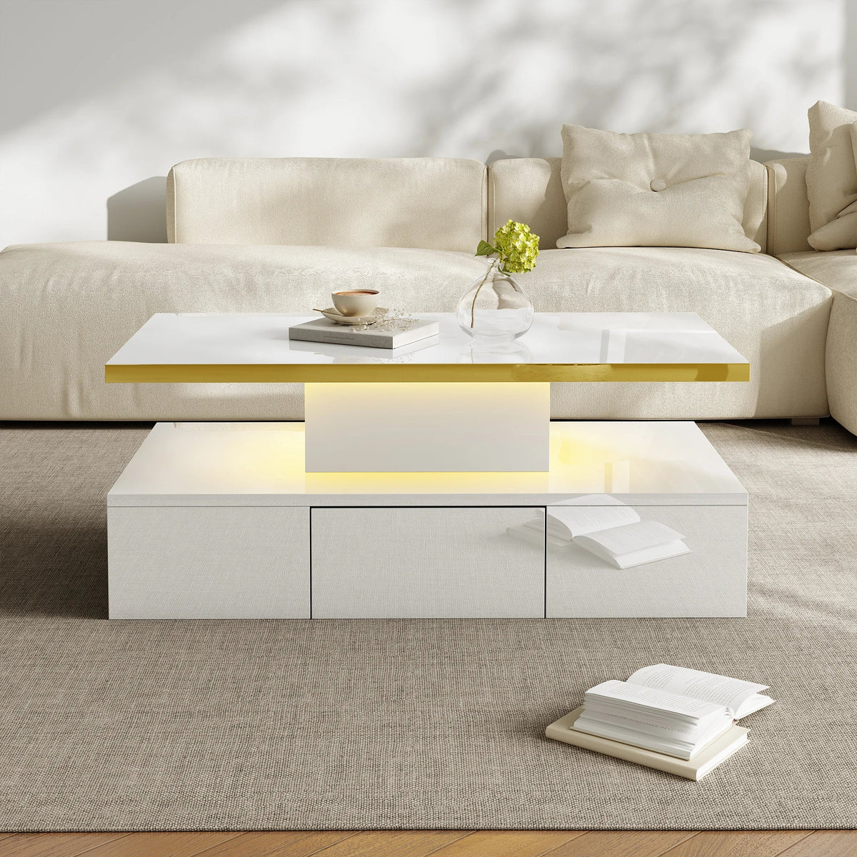 Table Basse à 2 Niveaux avec Tiroir et LED - Design Moderne Vaska
